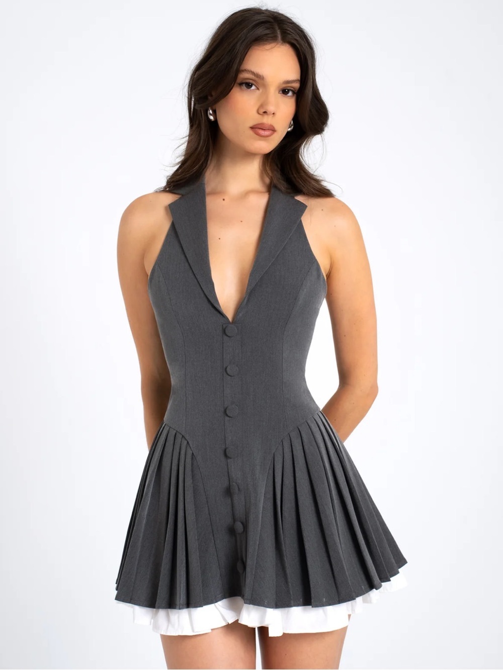 Miss Circle Hazel Grey Preppy Halter Neck Pleated Mini Dress